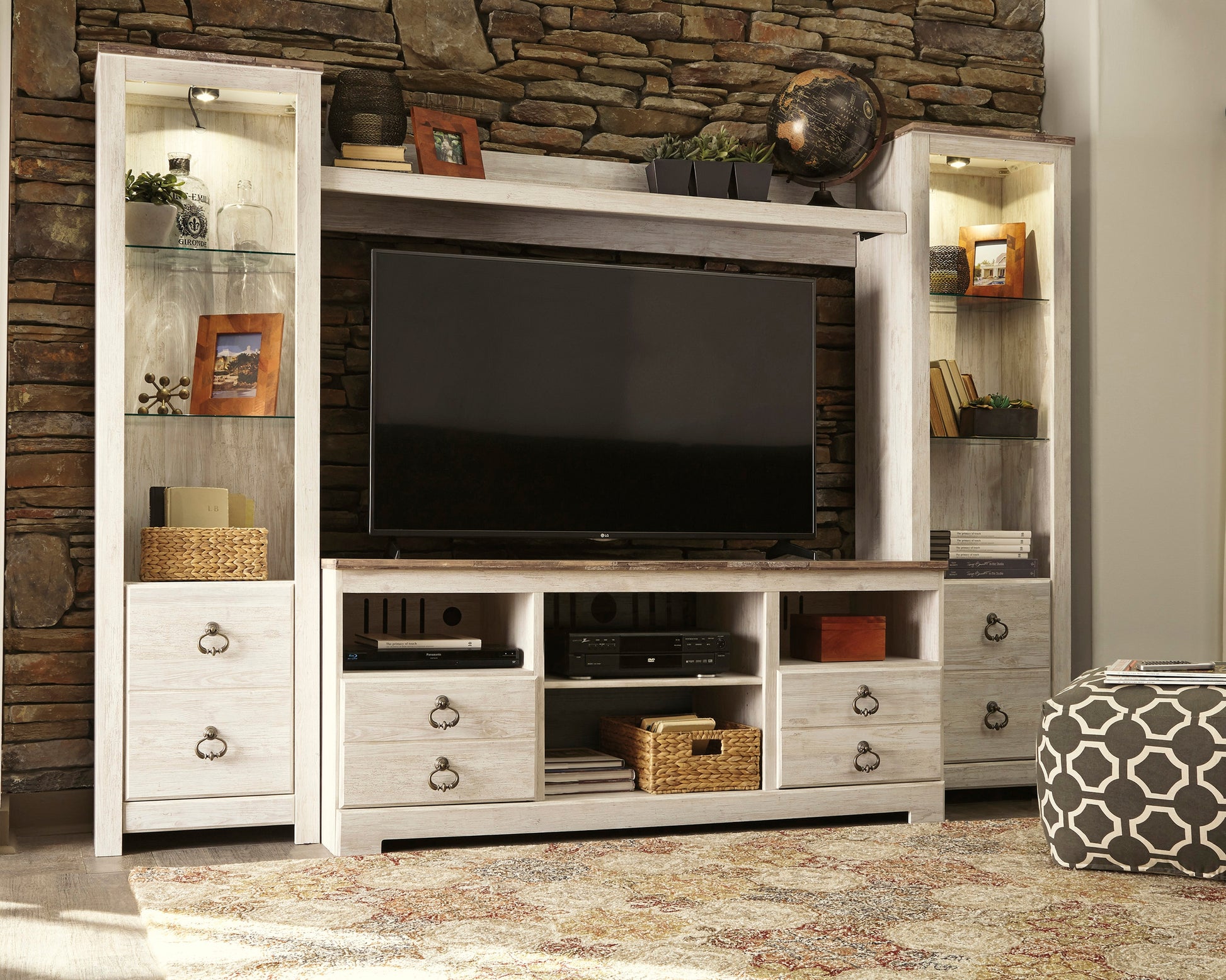 Auburndale Furniture Outlet - Ashley Furniture - Willowton Entertainment Center - 4-Piece Entertainment Center / Whitewash - W267W3