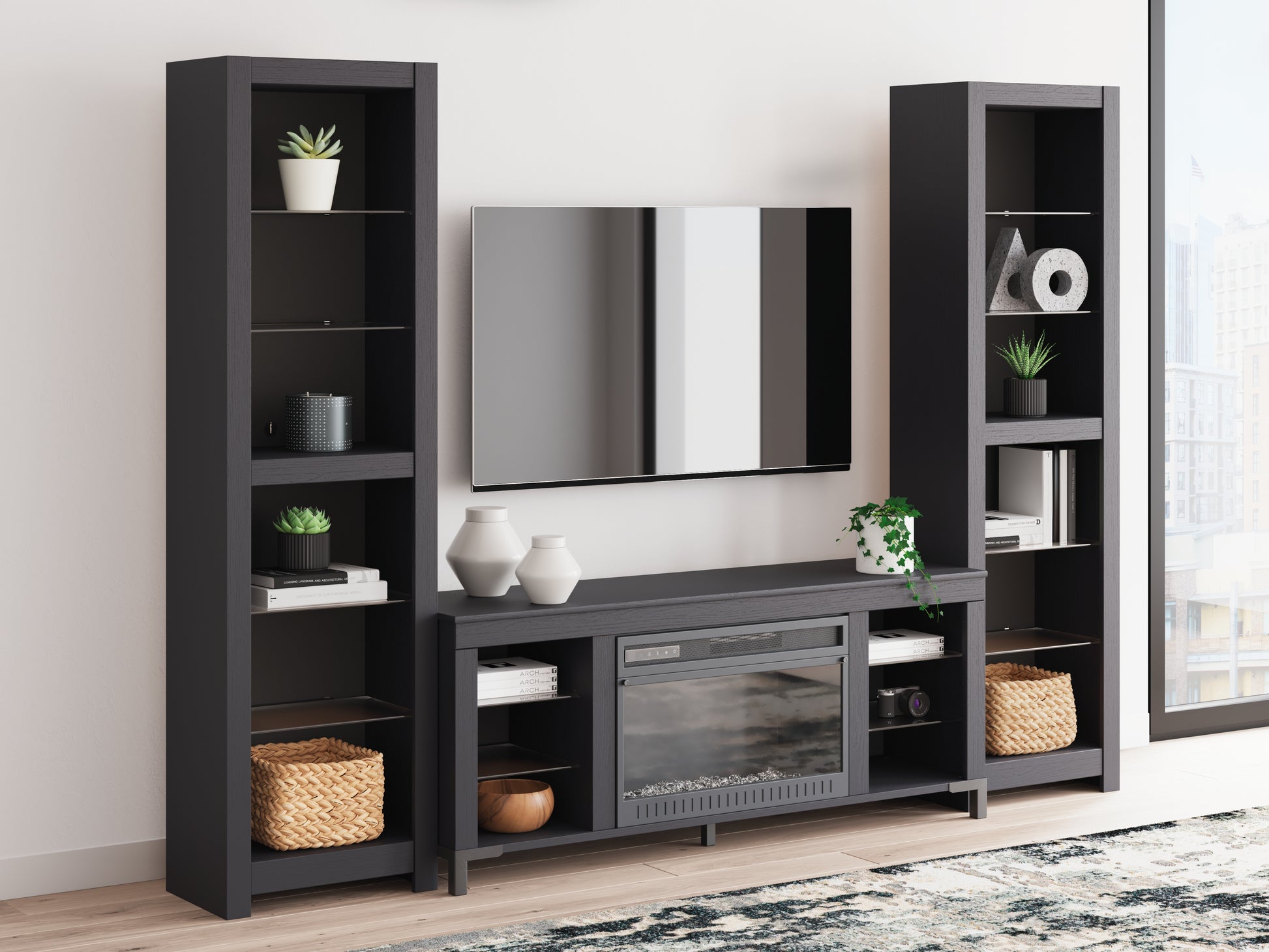 Auburndale Furniture Outlet - Ashley Furniture - Cayberry 3-Piece Entertainment Center with Electric Fireplace - 3-Piece Entertainment Center with Electric Fireplace / Black - W2721W2