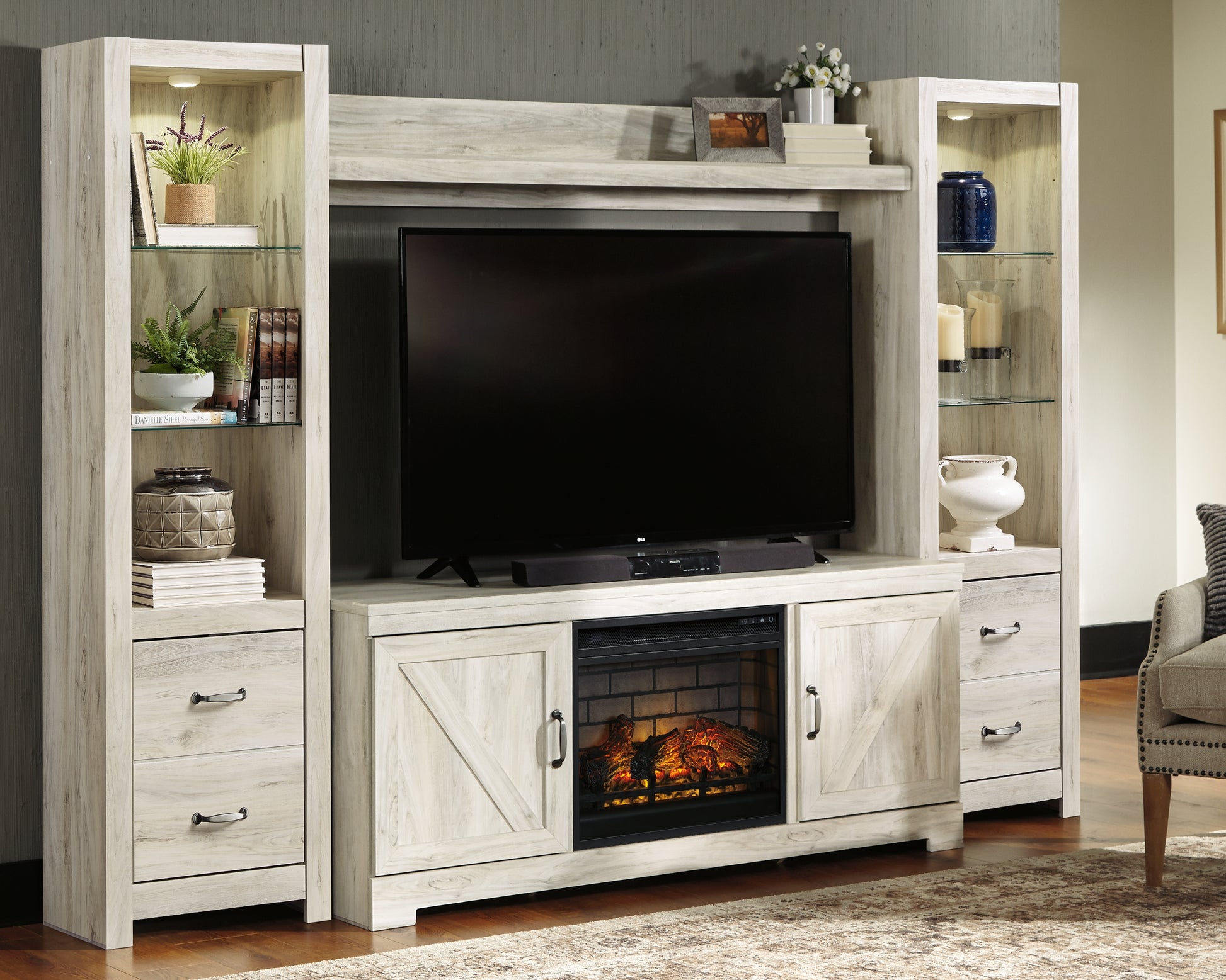 Auburndale Furniture Outlet - Ashley Furniture - Bellaby 4-Piece Entertainment Center with Electric Fireplace - 4-Piece Entertainment Center with Electric Fireplace / Whitewash - W331W8