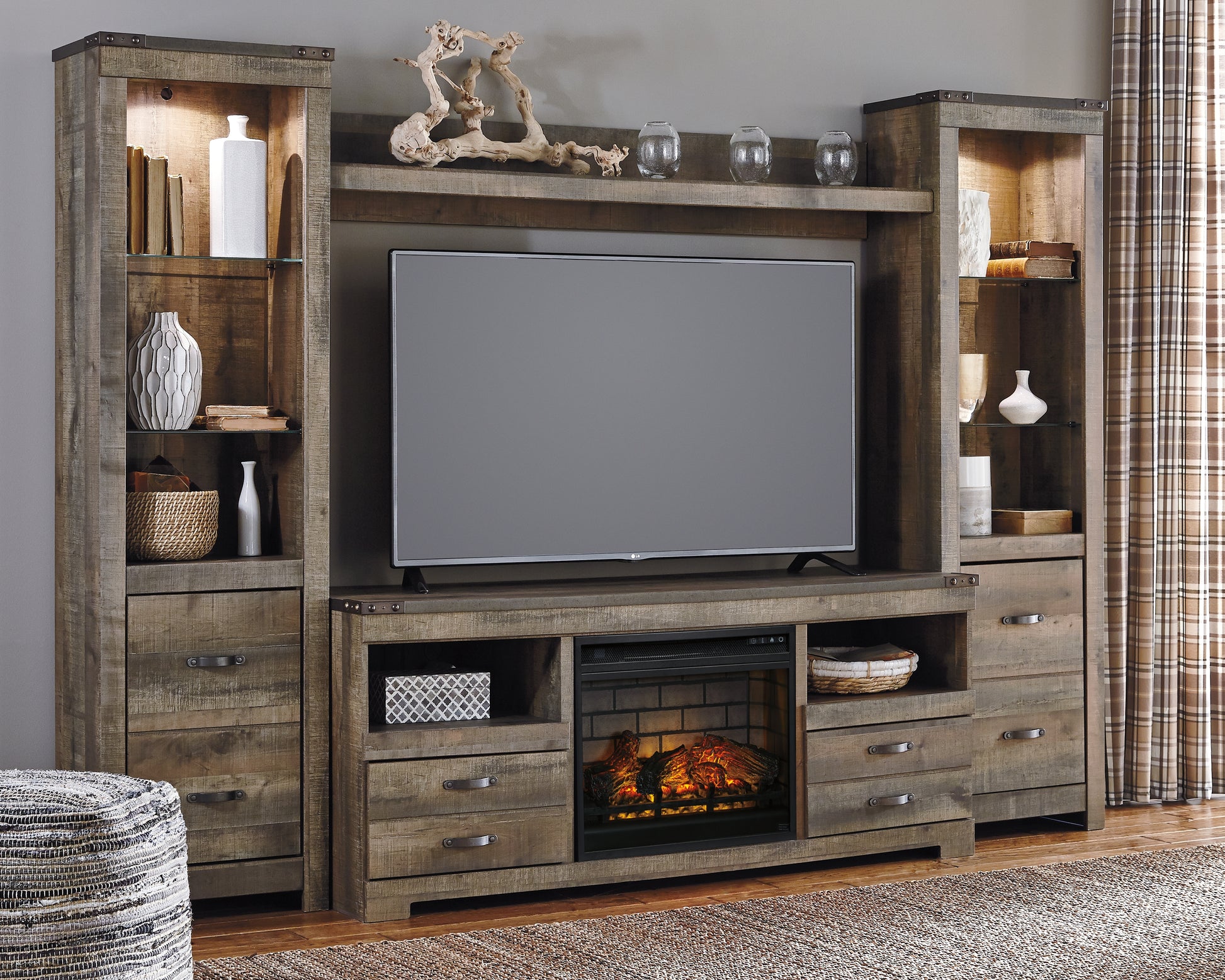 Auburndale Furniture Outlet - Ashley Furniture - Trinell 4-Piece Entertainment Center with Electric Fireplace - 4-Piece Entertainment Center with Electric Fireplace / Brown - W446W8