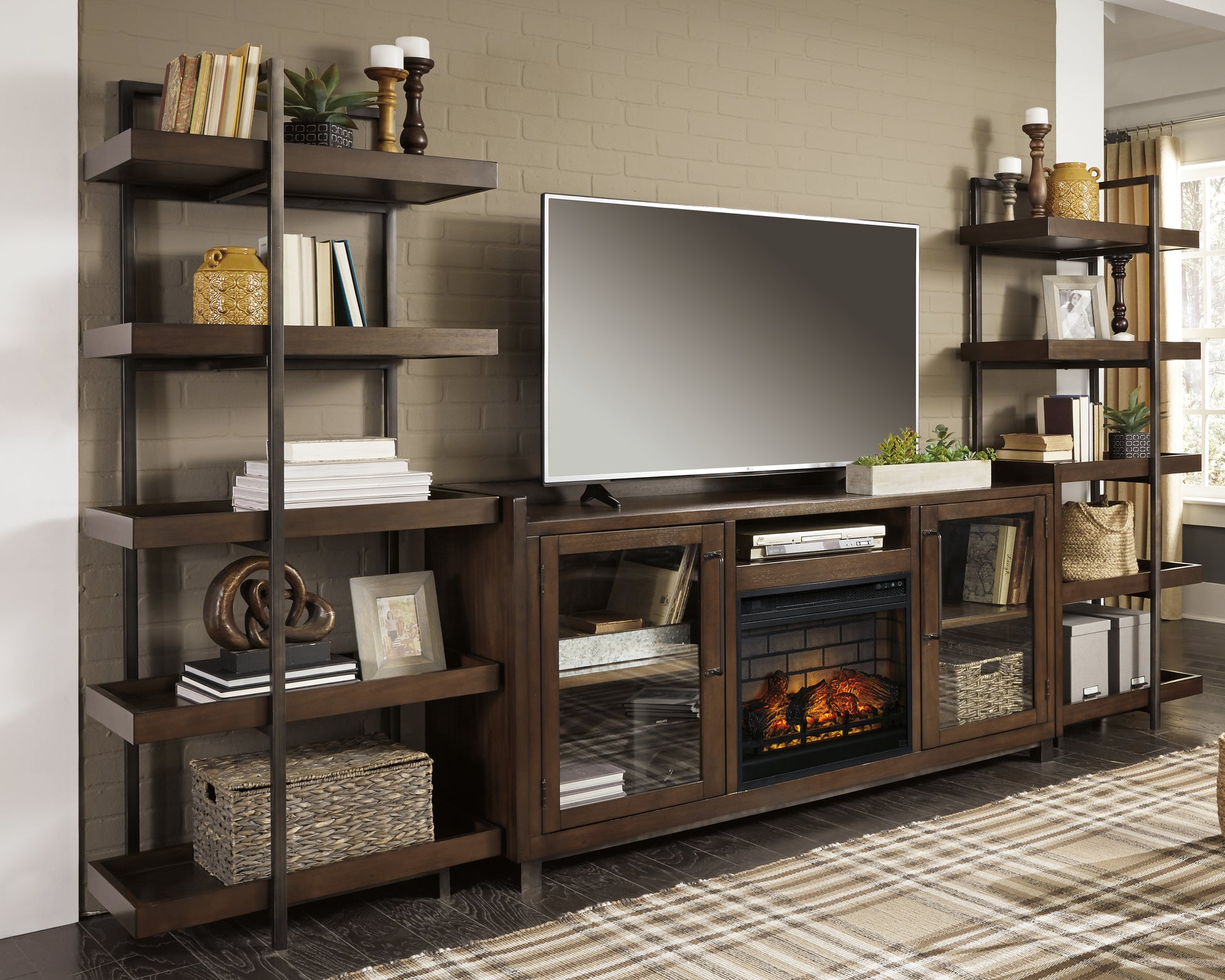Auburndale Furniture Outlet - Ashley Furniture - Starmore 3-Piece Wall Unit with Electric Fireplace - 3-Piece Wall Unit with Electric Fireplace / Brown/Gunmetal - W633W6