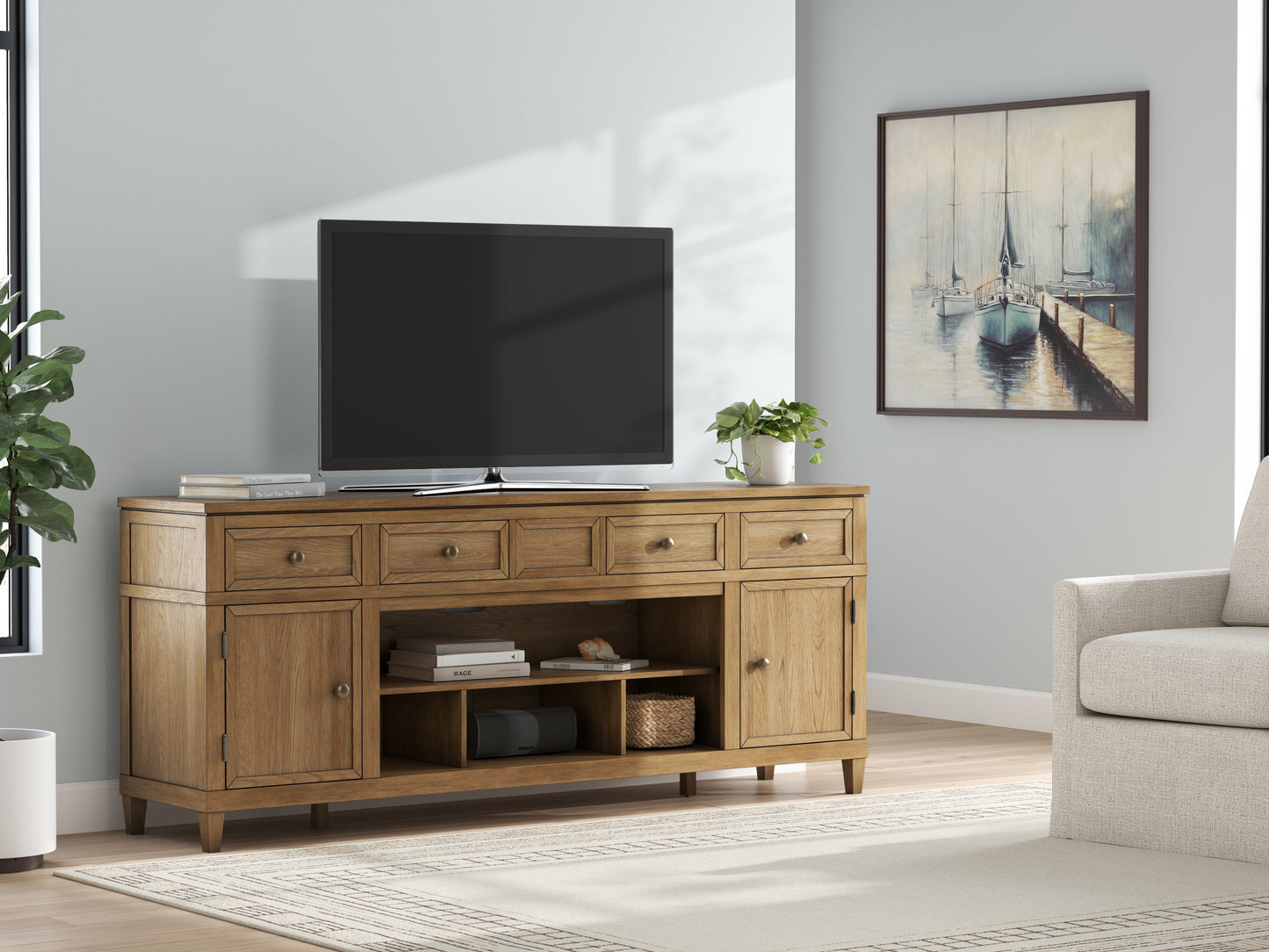 Auburndale Furniture Outlet - Ashley Furniture - Sharlance 81" TV Stand - 81" / Light Brown - W655-68