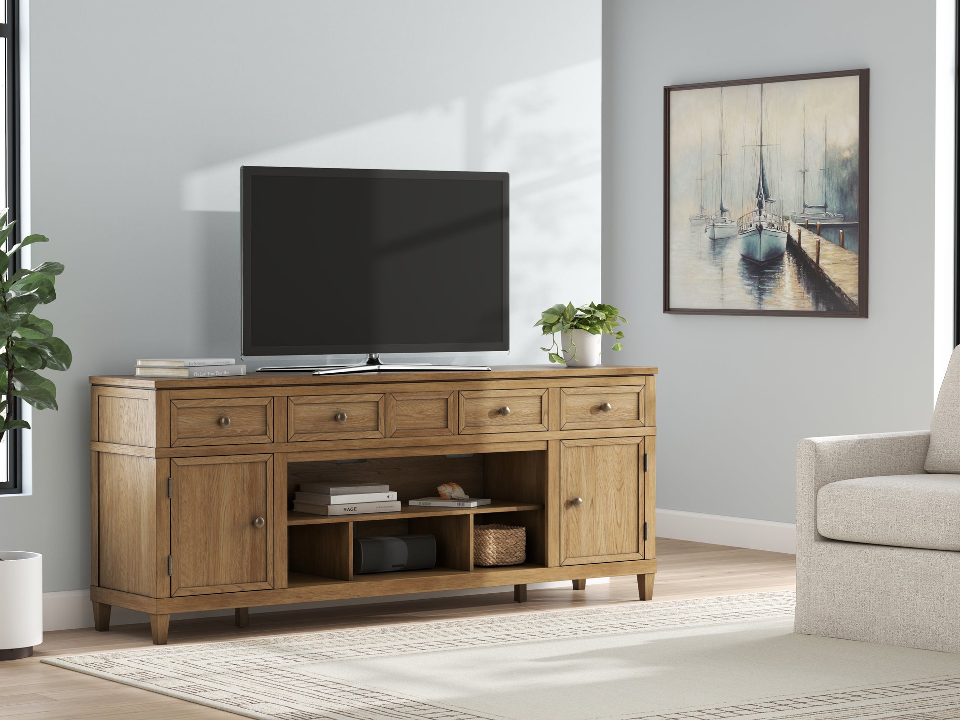 Auburndale Furniture Outlet - Ashley Furniture - Sharlance 81" TV Stand - 81" / Light Brown - W655-68