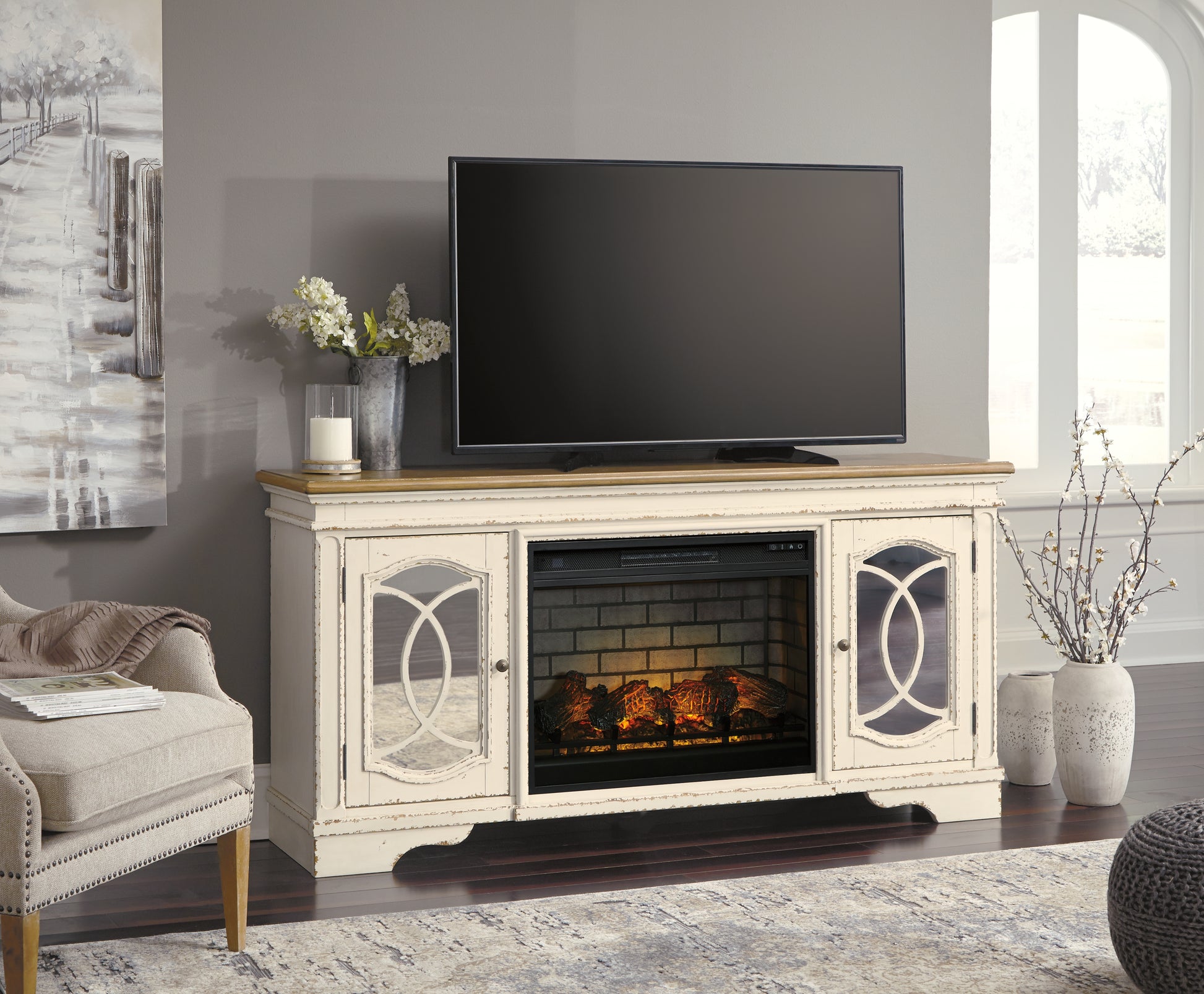 Auburndale Furniture Outlet - Ashley Furniture - Realyn 74" TV Stand with Electric Fireplace - 74" TV Stand with Electric Fireplace / Chipped White - W743W2