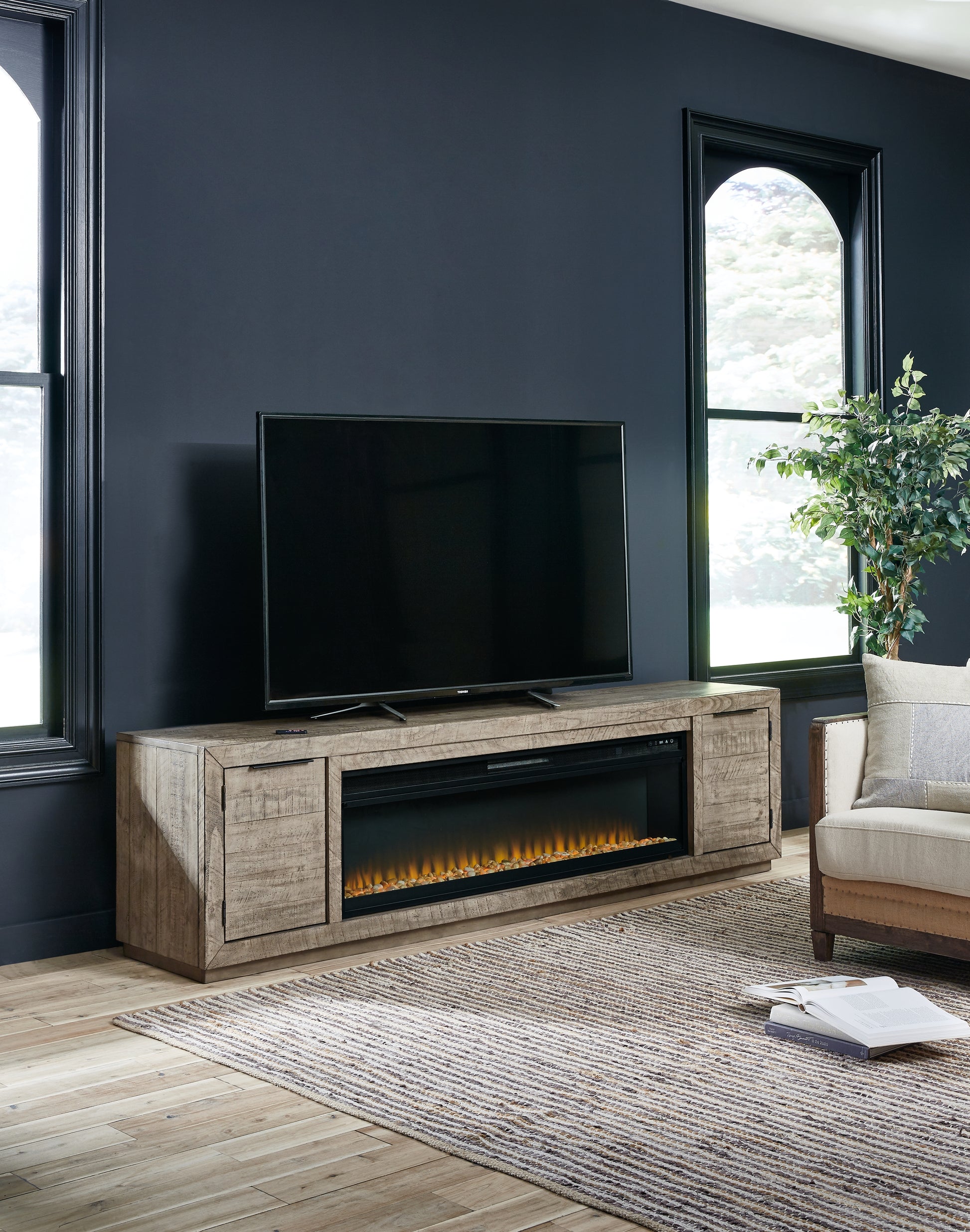 Auburndale Furniture Outlet - Ashley Furniture - Krystanza TV Stand with Electric Fireplace - TV Stand with Electric Fireplace / Weathered Gray - W760W1